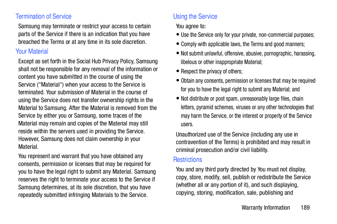 Samsung YP-GI1CB user manual Termination of Service, Your Material, Using the Service, Restrictions 