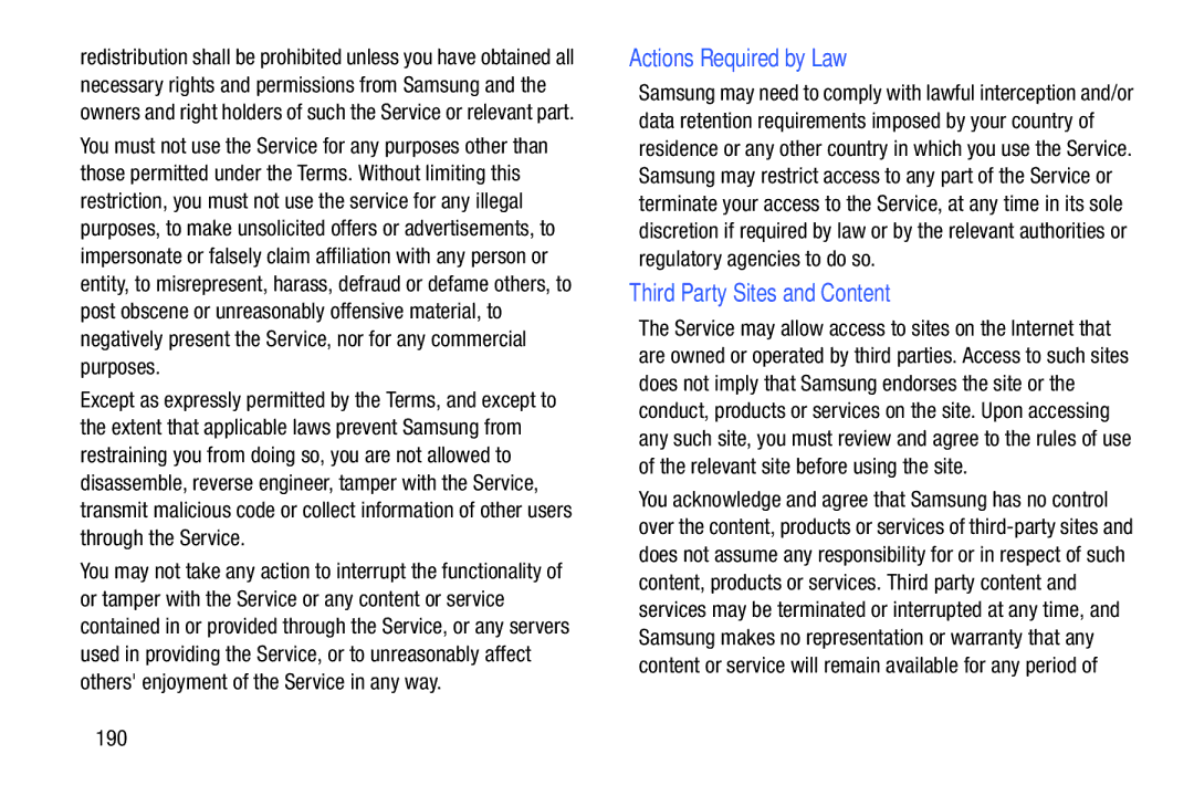 Samsung YP-GI1CB user manual Actions Required by Law, Third Party Sites and Content, 190 