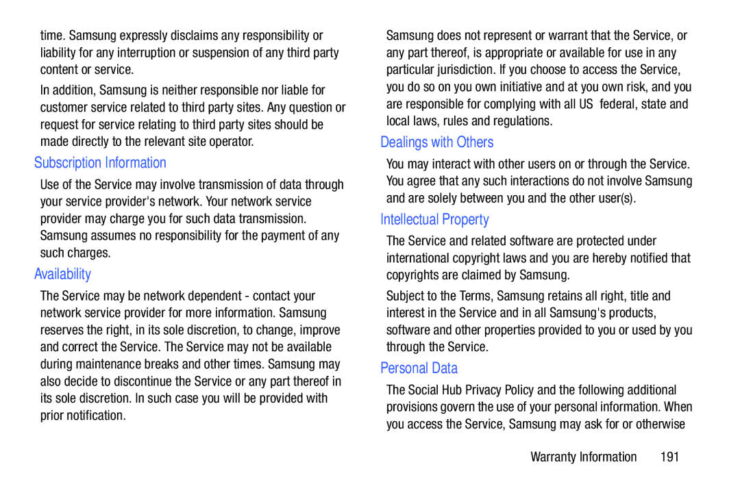 Samsung YP-GI1CB user manual Subscription Information, Availability, Dealings with Others, Intellectual Property, 191 