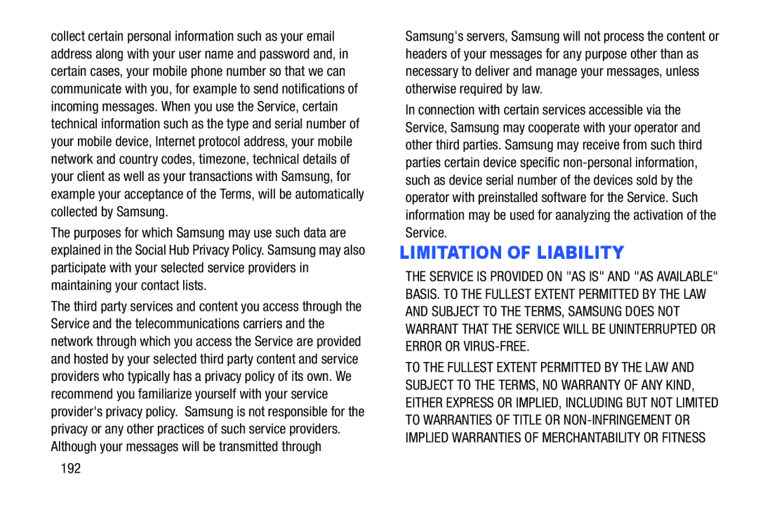 Samsung YP-GI1CB user manual Limitation of Liability, 192 