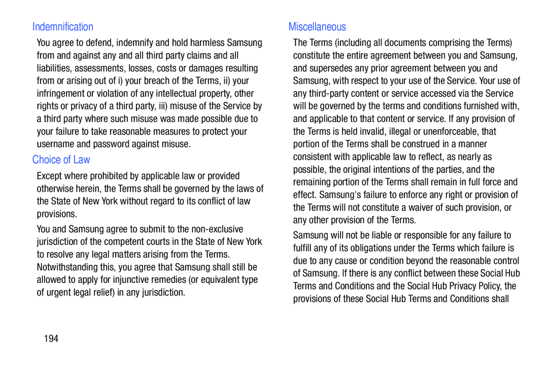 Samsung YP-GI1CB user manual Indemnification, Choice of Law, Miscellaneous, 194 