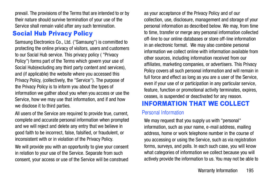 Samsung YP-GI1CB user manual Social Hub Privacy Policy, Personal Information, 195 