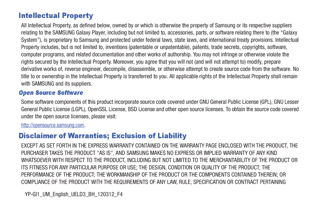 Samsung YP-GI1CB user manual Intellectual Property, Disclaimer of Warranties Exclusion of Liability, Open Source Software 