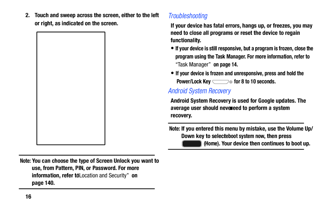 Samsung YP-GI1CB user manual Troubleshooting, Android System Recovery, Power/Lock Key 