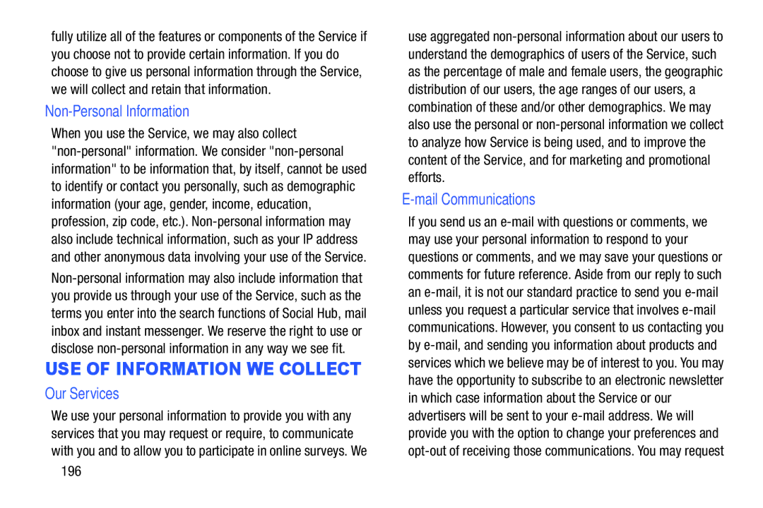 Samsung YP-GI1CB user manual Non-Personal Information, Our Services, Mail Communications, 196 