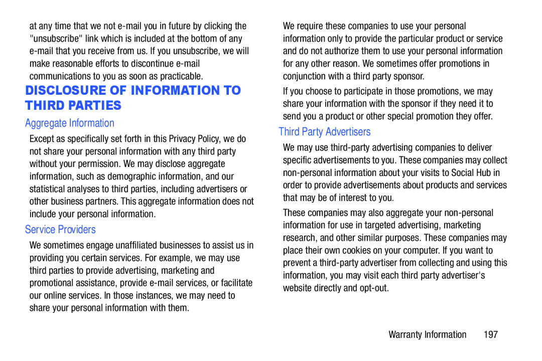 Samsung YP-GI1CB user manual Aggregate Information, Service Providers, Third Party Advertisers, 197 