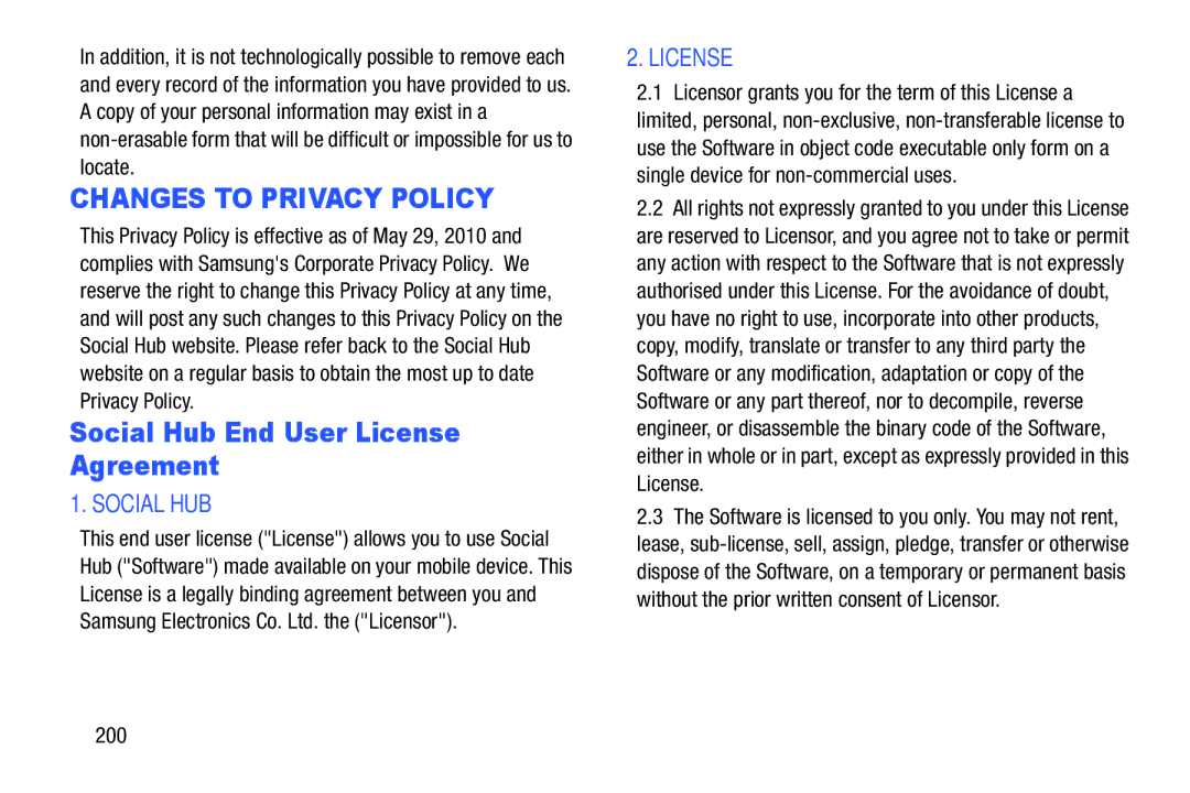 Samsung YP-GI1CB user manual Social Hub End User License Agreement, 200 