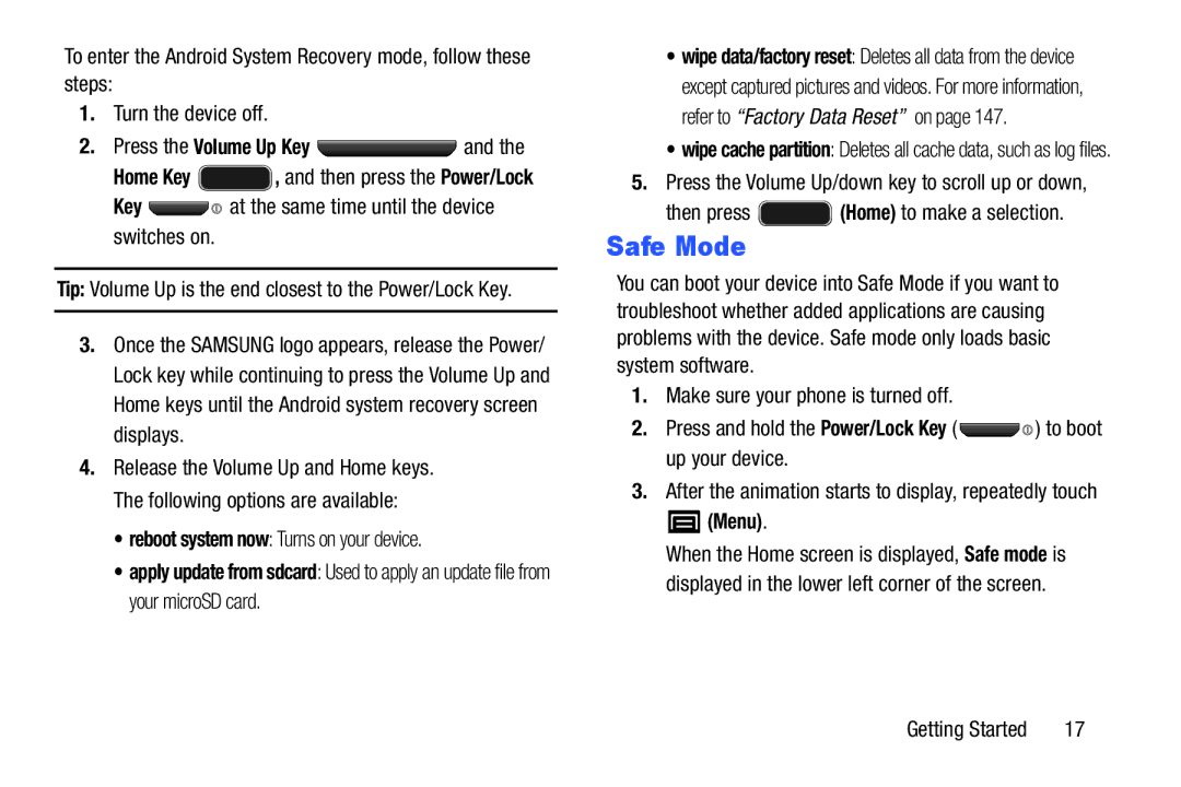 Samsung YP-GI1CB Safe Mode, Key at the same time until the device switches on, Reboot system now Turns on your device 