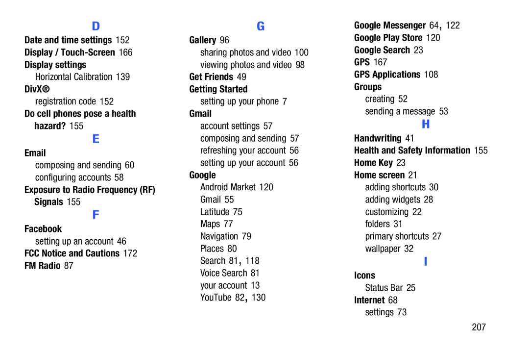 Samsung YP-GI1CB Display settings, DivX, Do cell phones pose a health hazard?, Facebook, Get Friends Getting Started 