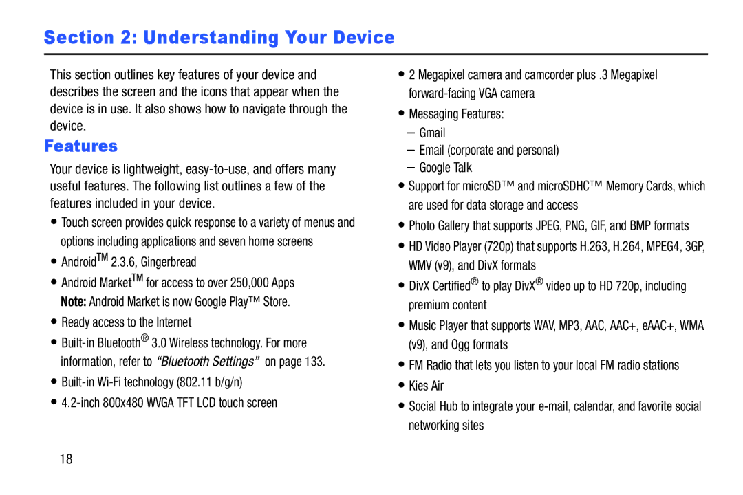 Samsung YP-GI1CB Understanding Your Device, Features, AndroidTM 2.3.6, Gingerbread, Ready access to the Internet 