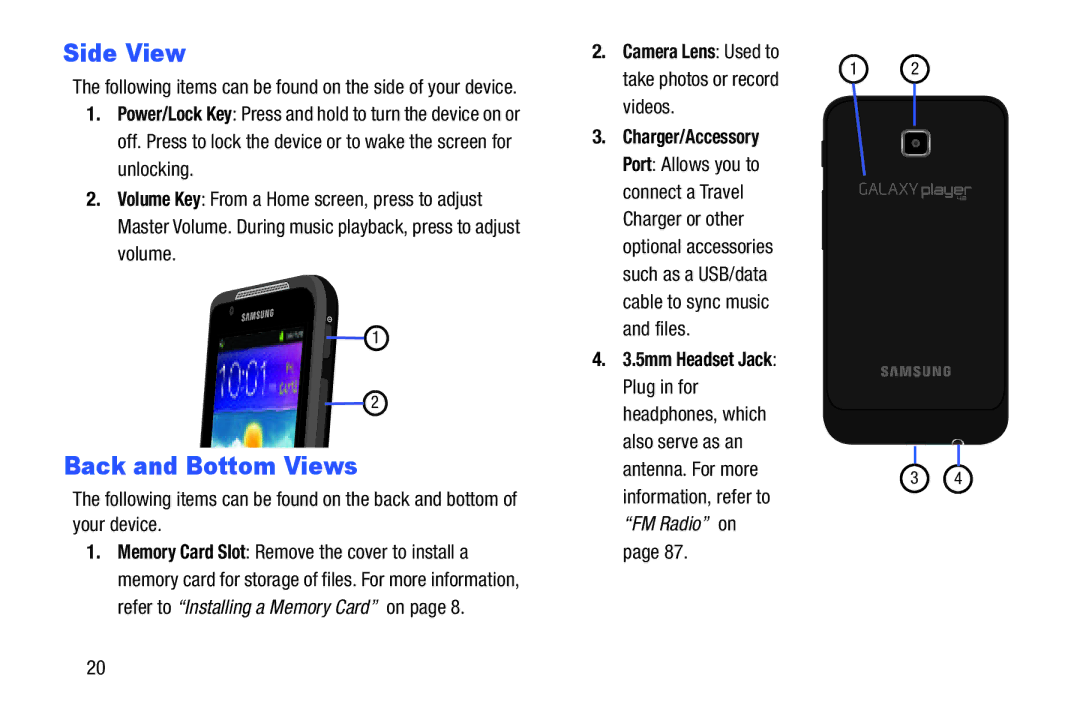 Samsung YP-GI1CB user manual Side View, Back and Bottom Views, Camera Lens Used to, Charger/Accessory, 5mm Headset Jack 