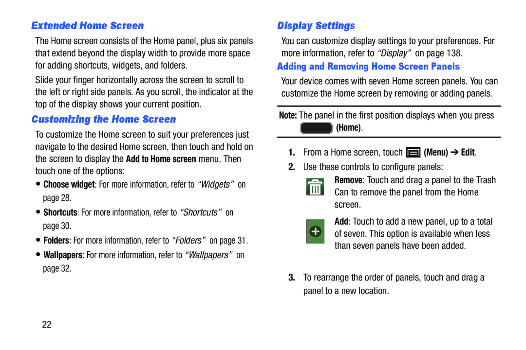 Samsung YP-GI1CB user manual Extended Home Screen, Customizing the Home Screen, Display Settings 