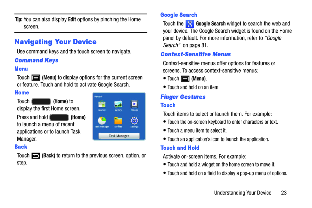 Samsung YP-GI1CB user manual Navigating Your Device, Command Keys, Context-Sensitive Menus, Finger Gestures 