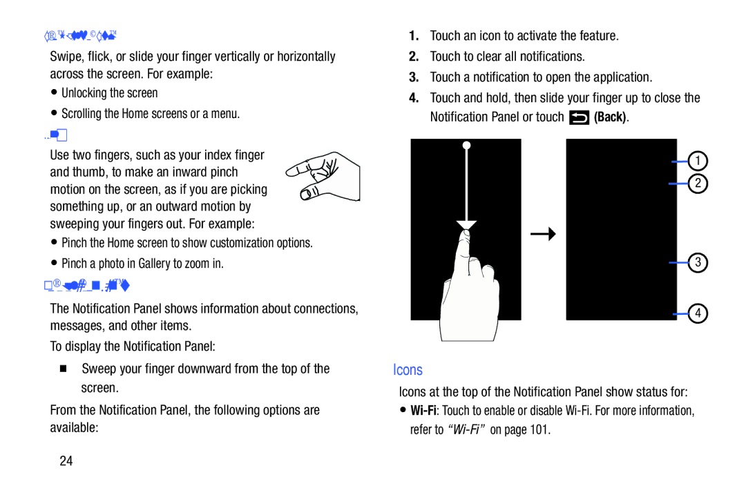 Samsung YP-GI1CB user manual Notification Panel, Icons, Swipe, Flick, or Slide, Pinch 