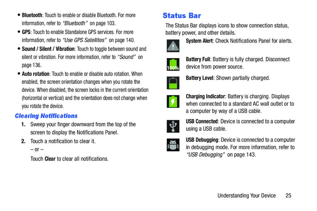 Samsung YP-GI1CB user manual Status Bar, Clearing Notifications 