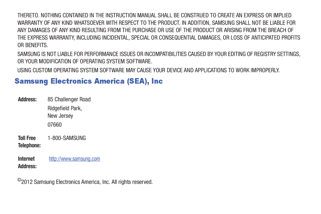 Samsung YP-GI1CB user manual Samsung Electronics America SEA, Inc, Telephone Address 