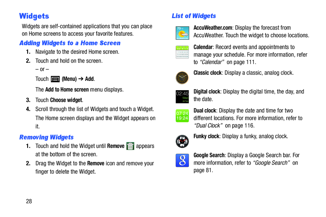 Samsung YP-GI1CB user manual Adding Widgets to a Home Screen, Removing Widgets, List of Widgets 