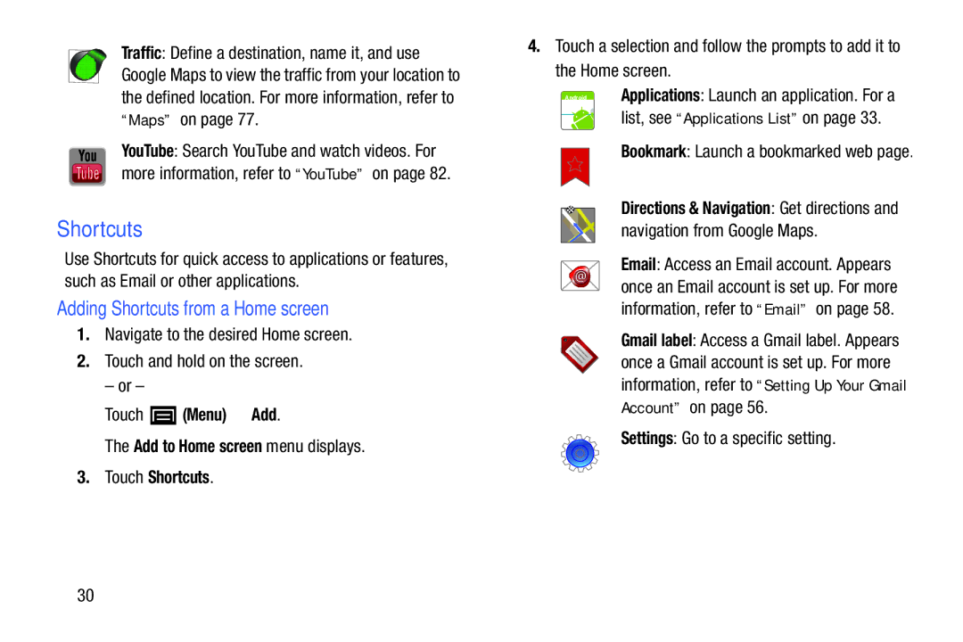 Samsung YP-GI1CB user manual Adding Shortcuts from a Home screen, Settings Go to a specific setting 