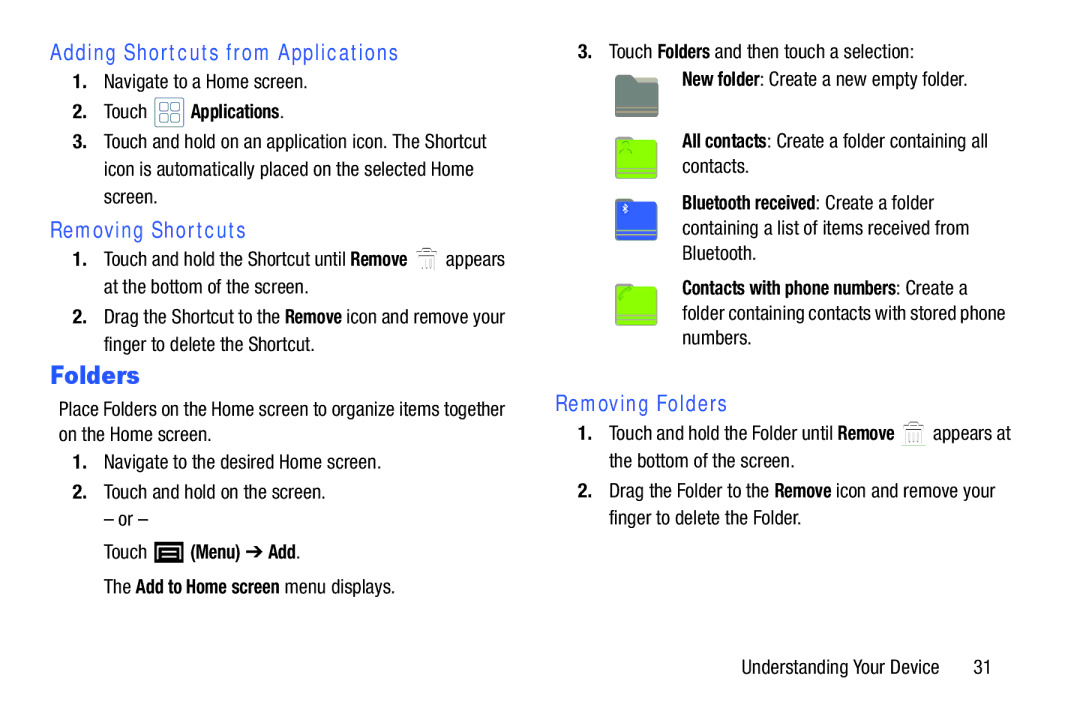 Samsung YP-GI1CB user manual Adding Shortcuts from Applications, Removing Shortcuts, Removing Folders 