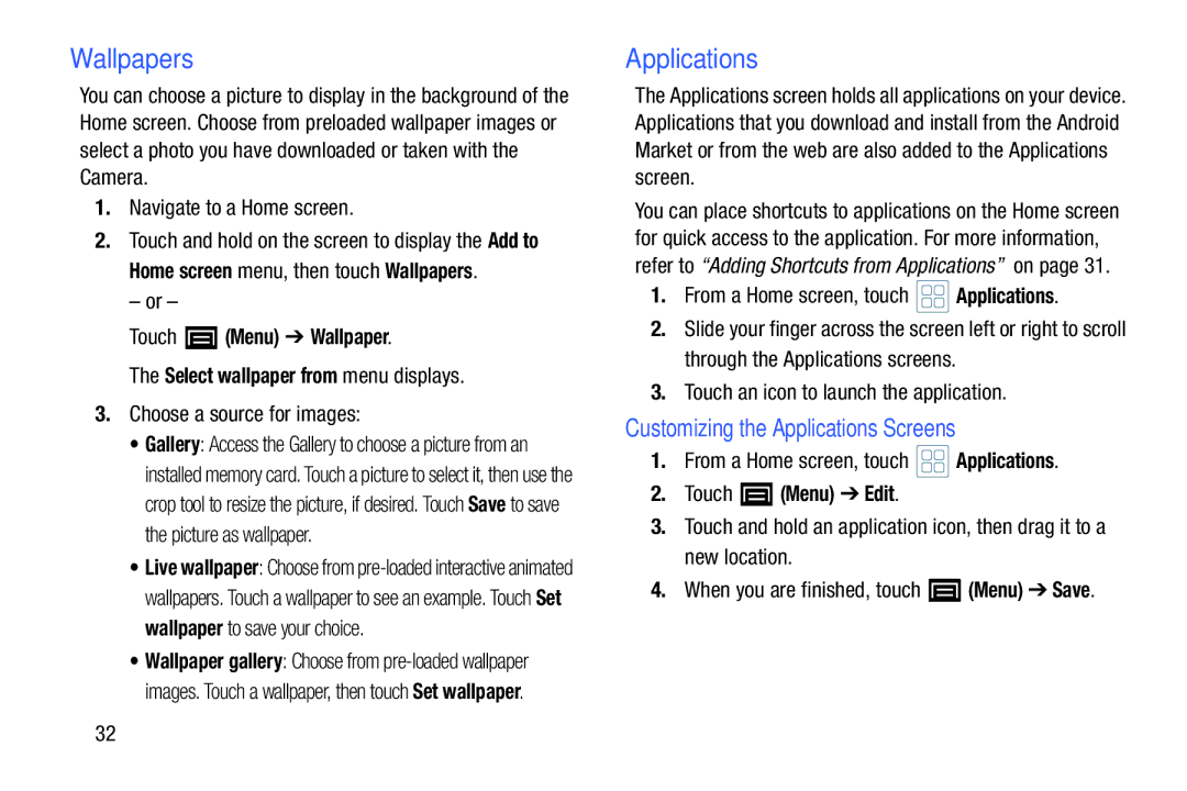 Samsung YP-GI1CB user manual Wallpapers, Customizing the Applications Screens, Touch Menu Edit 