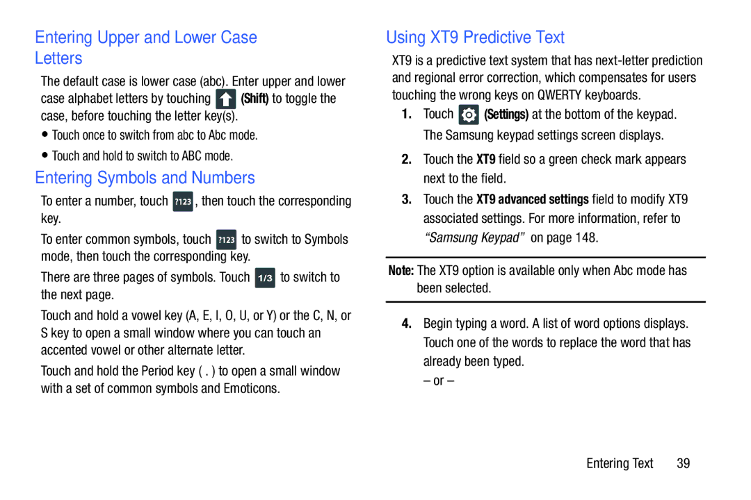 Samsung YP-GI1CB user manual Entering Upper and Lower Case Letters, Entering Symbols and Numbers, Using XT9 Predictive Text 