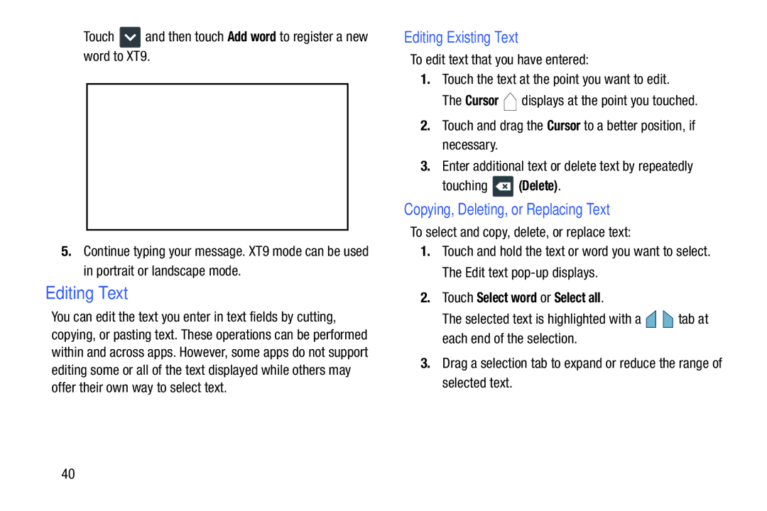 Samsung YP-GI1CB user manual Editing Text, Editing Existing Text, Copying, Deleting, or Replacing Text 