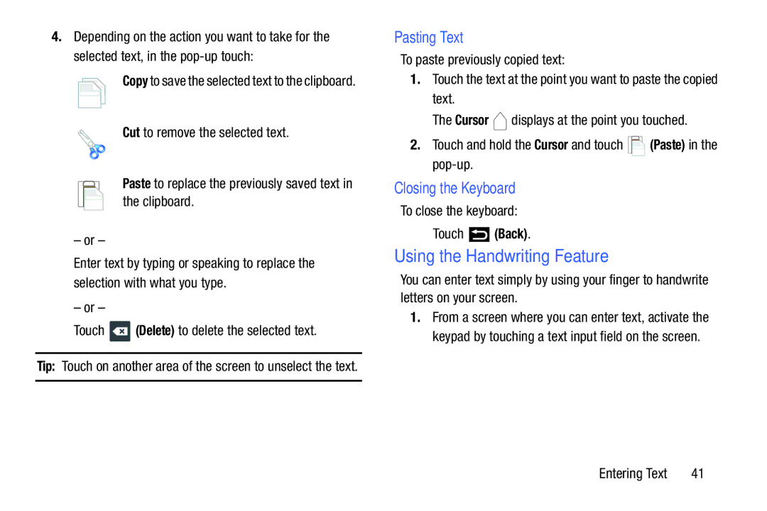 Samsung YP-GI1CB Using the Handwriting Feature, Pasting Text, Closing the Keyboard, To close the keyboard  Touch Back 