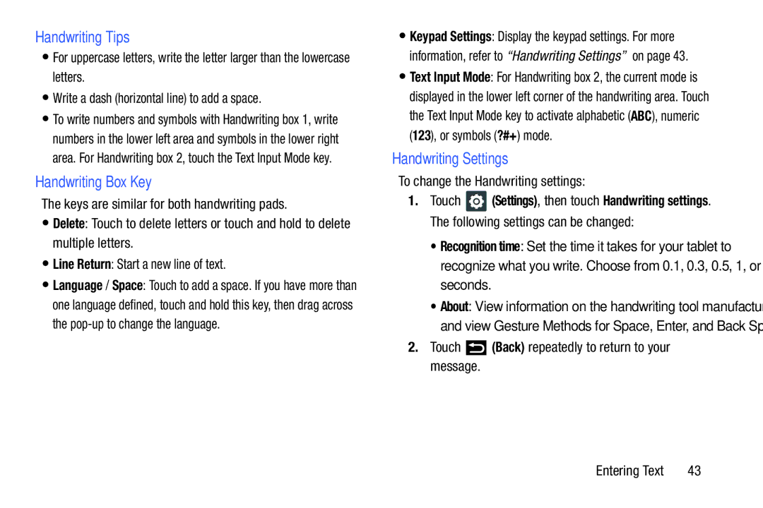 Samsung YP-GI1CB Handwriting Tips, Handwriting Box Key, Handwriting Settings, To change the Handwriting settings 