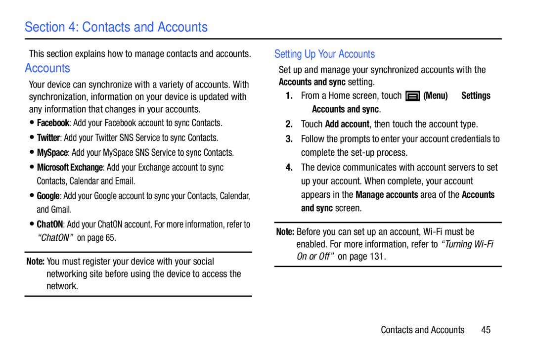 Samsung YP-GI1CB user manual Contacts and Accounts, Setting Up Your Accounts, Accounts and sync 