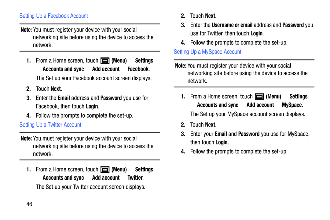 Samsung YP-GI1CB user manual Setting Up a Facebook Account, Setting Up a Twitter Account, Setting Up a MySpace Account 