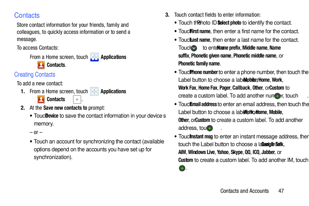 Samsung YP-GI1CB user manual Creating Contacts, Contacts At the Save new contacts to prompt, Phonetic family name 