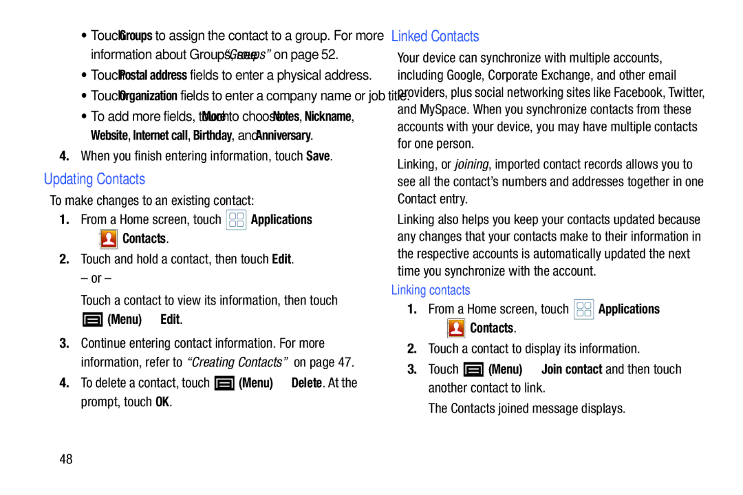 Samsung YP-GI1CB user manual Updating Contacts, Linked Contacts, Menu Edit, Linking contacts 