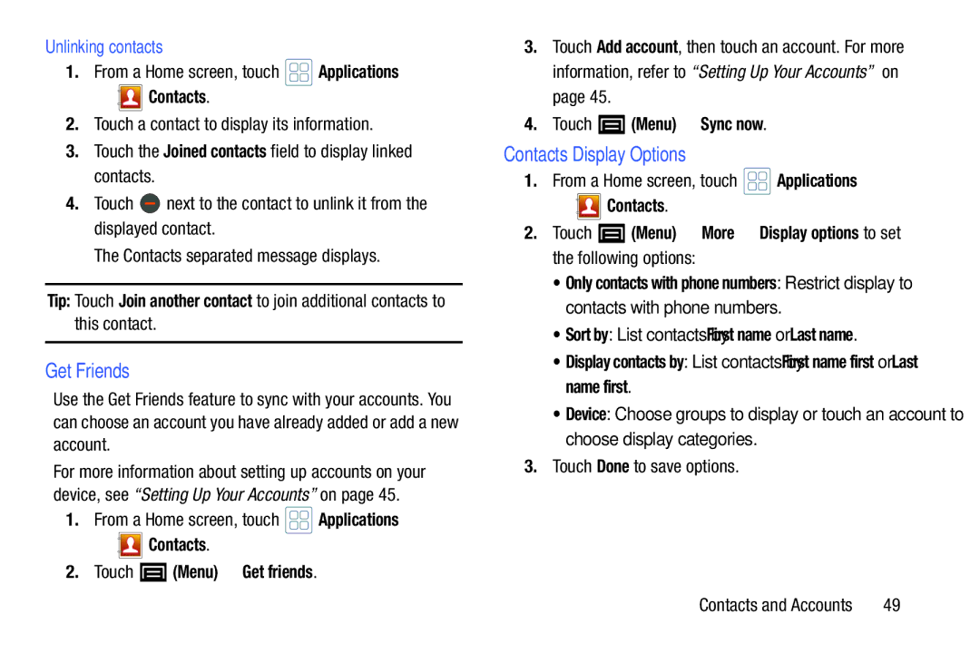 Samsung YP-GI1CB user manual Get Friends, Contacts Display Options, Unlinking contacts, Contacts Touch Menu Get friends 