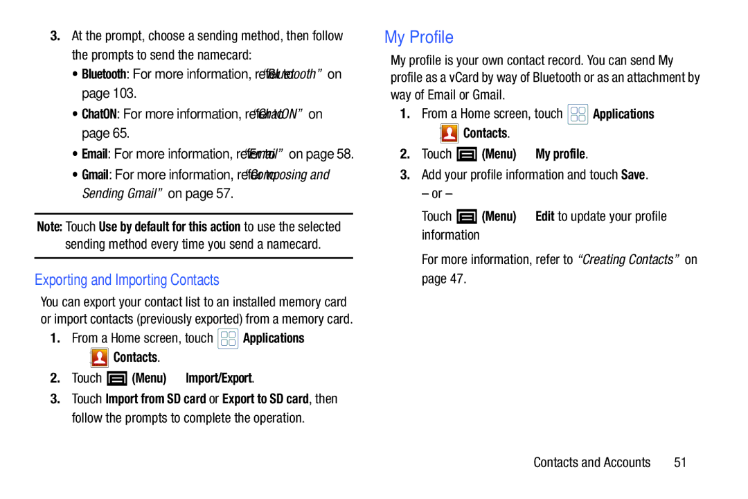 Samsung YP-GI1CB user manual My Profile, Exporting and Importing Contacts, Contacts Touch Menu Import/Export 