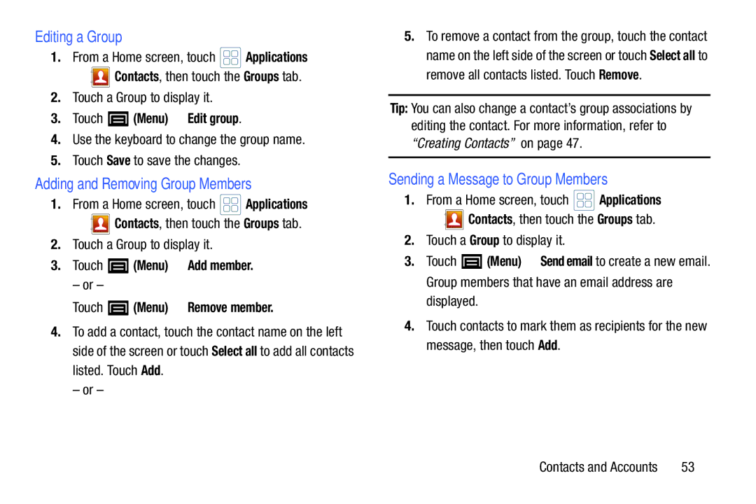 Samsung YP-GI1CB user manual Editing a Group, Adding and Removing Group Members, Sending a Message to Group Members 