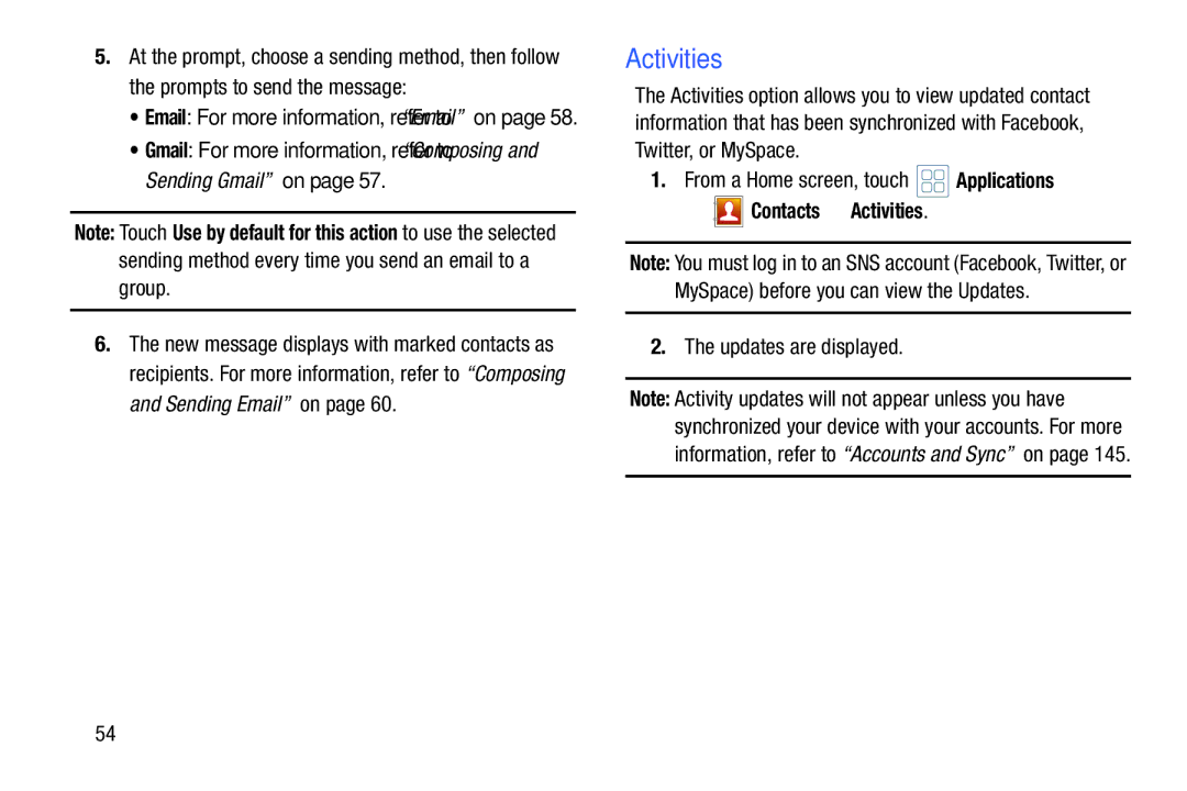 Samsung YP-GI1CB user manual Contacts Activities, Updates are displayed 