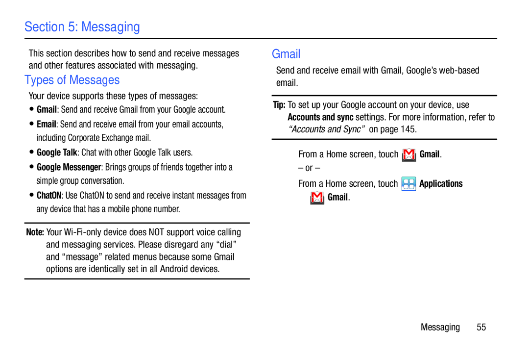 Samsung YP-GI1CB user manual Messaging, Types of Messages, Gmail 