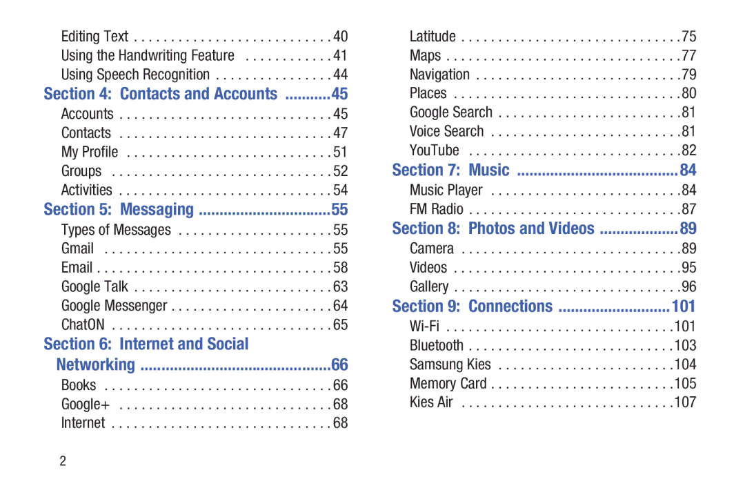 Samsung YP-GI1CB user manual Internet and Social, Using Speech Recognition, Contacts and Accounts, Accounts Contacts, 101 