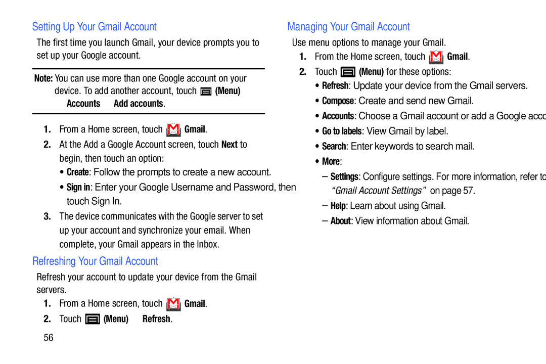 Samsung YP-GI1CB user manual Setting Up Your Gmail Account, Refreshing Your Gmail Account, Managing Your Gmail Account 