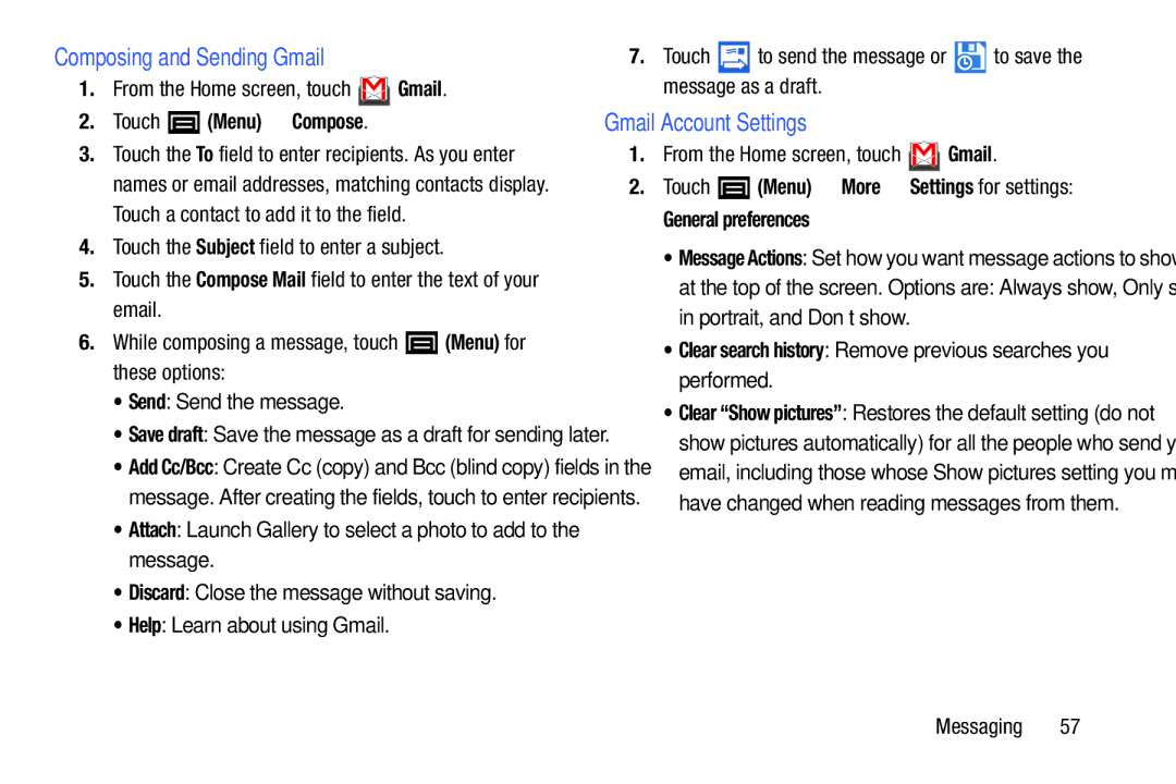 Samsung YP-GI1CB user manual Composing and Sending Gmail, Gmail Account Settings, Touch Menu Compose, General preferences 