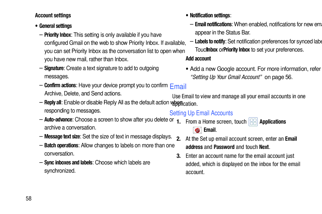 Samsung YP-GI1CB Setting Up Email Accounts, Account settings General settings, Notification settings, Add account 