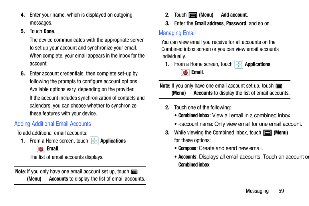 Samsung YP-GI1CB user manual Adding Additional Email Accounts, Managing Email, Touch Menu Add account 