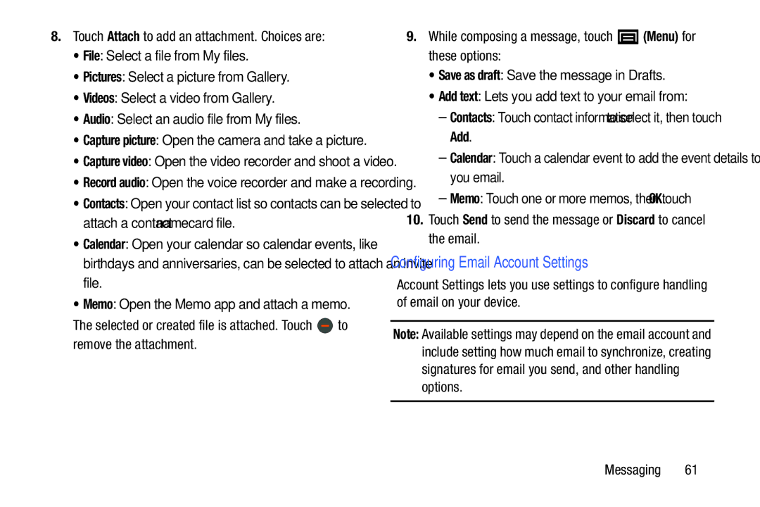 Samsung YP-GI1CB user manual Configuring Email Account Settings, Capture picture Open the camera and take a picture 