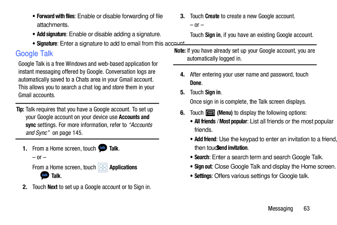 Samsung YP-GI1CB user manual Google Talk, From a Home screen, touch Talk, Touch Create to create a new Google account 