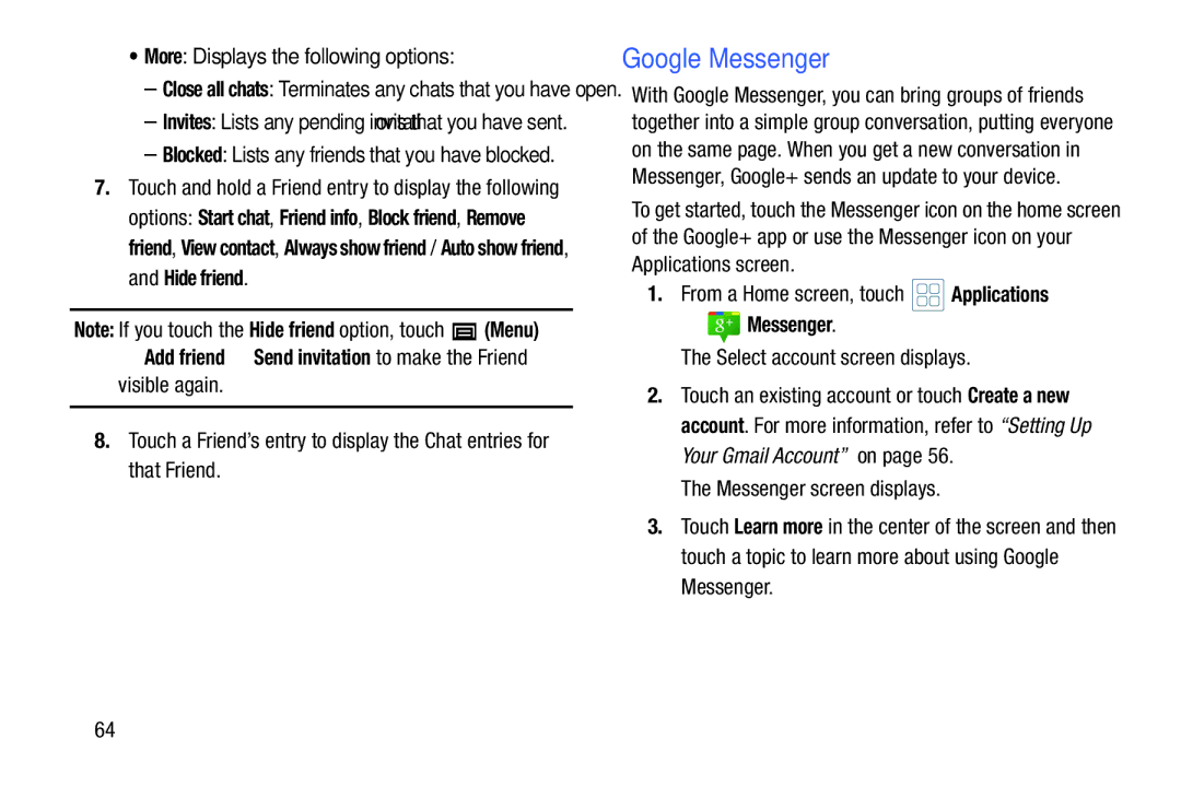 Samsung YP-GI1CB user manual Google Messenger, More Displays the following options, Select account screen displays 