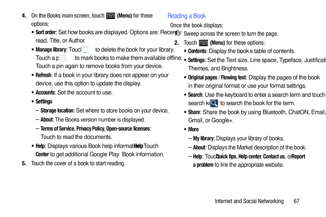 Samsung YP-GI1CB user manual Reading a Book, Settings 