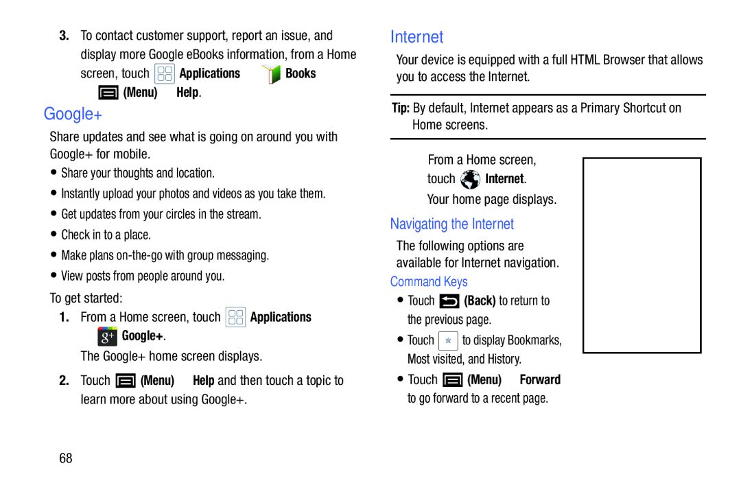 Samsung YP-GI1CB user manual Google+, Navigating the Internet, Command Keys 