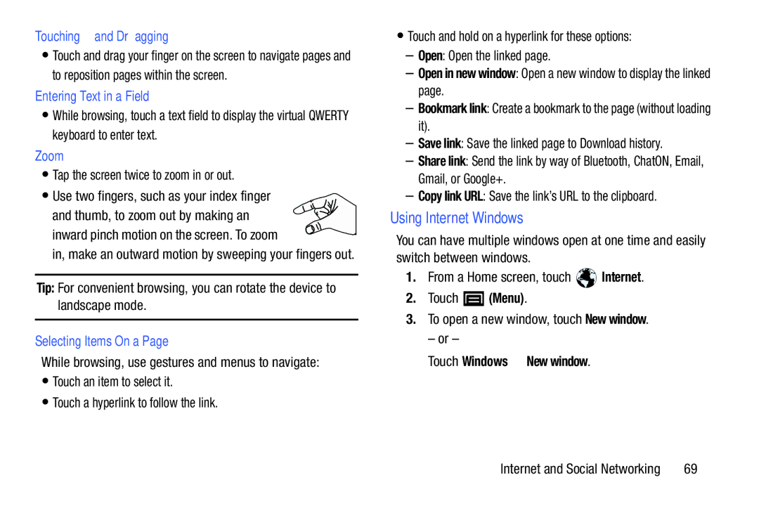 Samsung YP-GI1CB Using Internet Windows, Touching and Dragging, Entering Text in a Field, Zoom, Selecting Items On a 