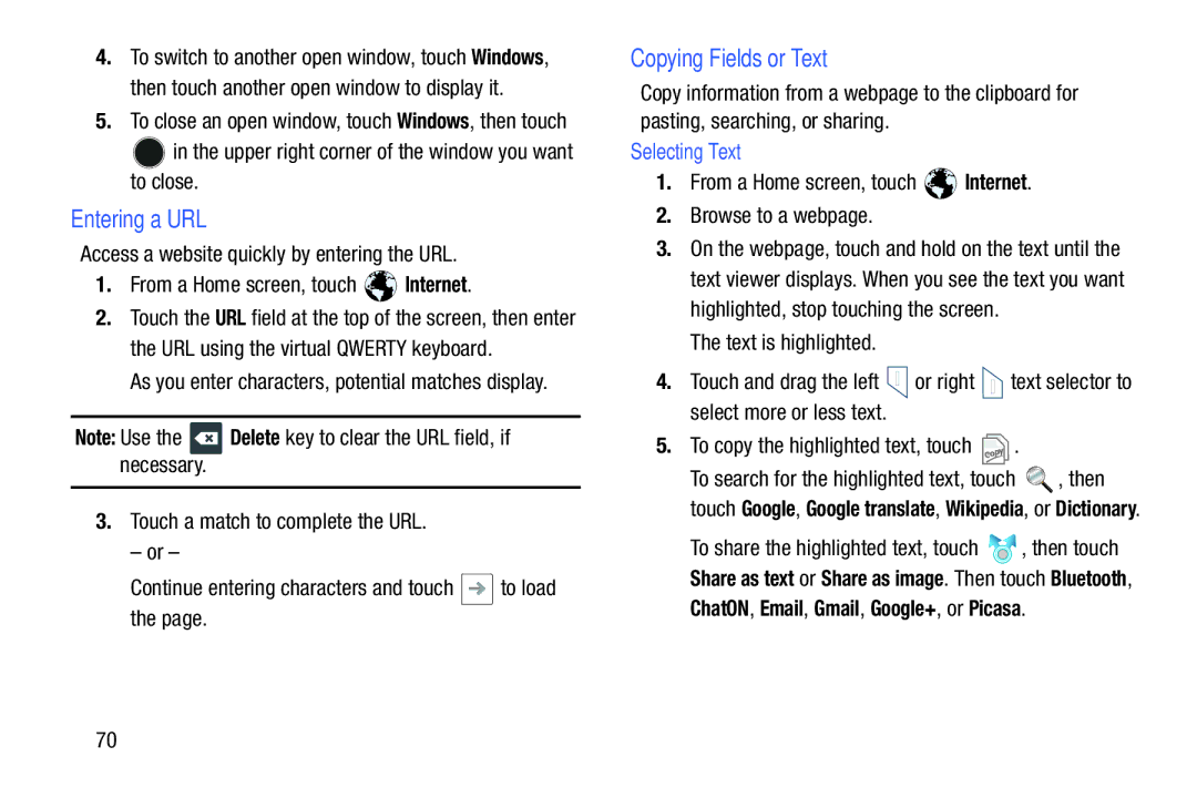 Samsung YP-GI1CB Entering a URL, Copying Fields or Text, Selecting Text, ChatON, Email, Gmail, Google+, or Picasa 