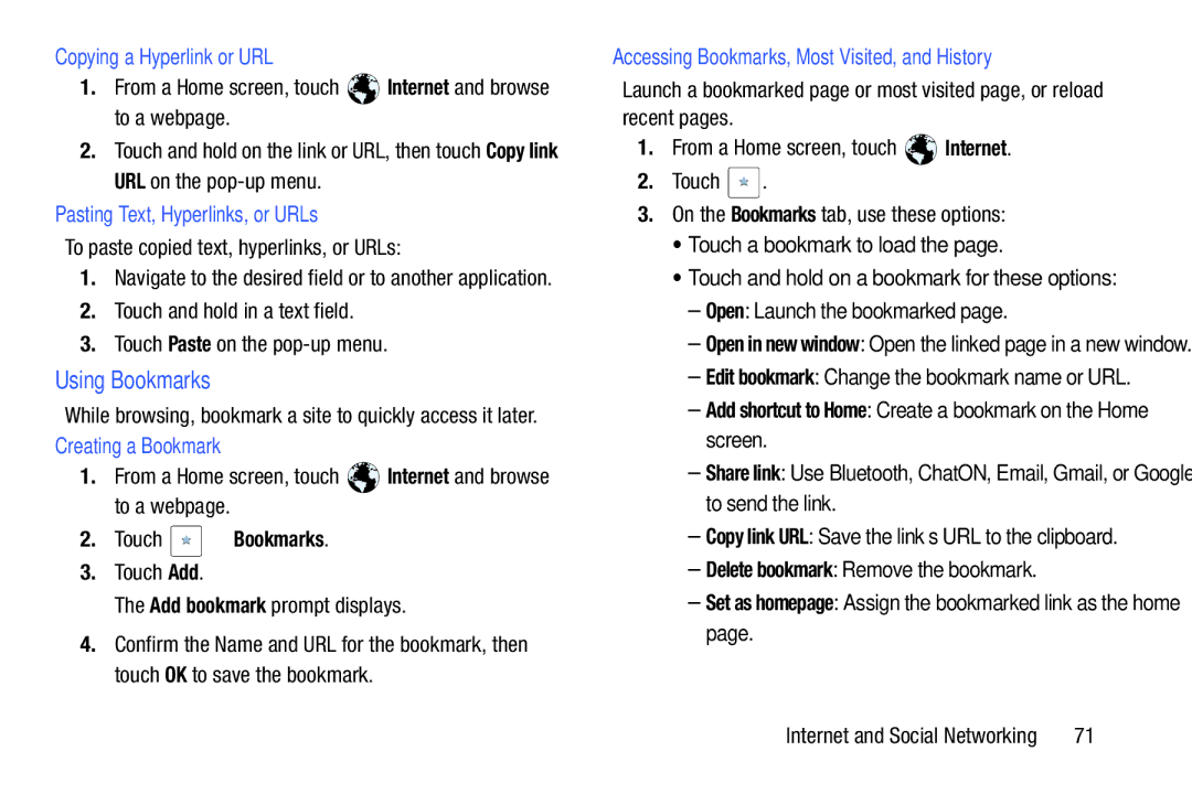 Samsung YP-GI1CB Using Bookmarks, Copying a Hyperlink or URL, Pasting Text, Hyperlinks, or URLs, Creating a Bookmark 